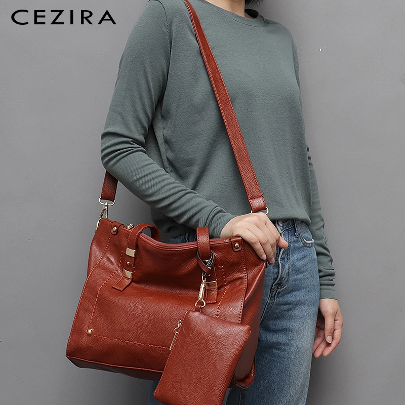 

CEZIRA Fashion Design Women PU Leather Shoulder Bag Functional Zip Purse Handbag 2020 Ladies Elegant Tote Crossbody Shopping bag