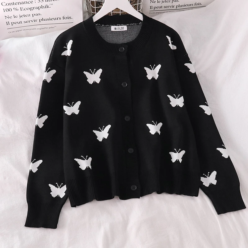 

Women Butterfly Print Sweater Coat Loose Spring Autumn New Korean Long-sleeved Knitted Cardigan Woman Button Up Casual Cardigan