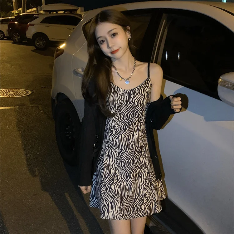 spring 2021 new Korean zebra suspender skirt middle versatile slim dress women |