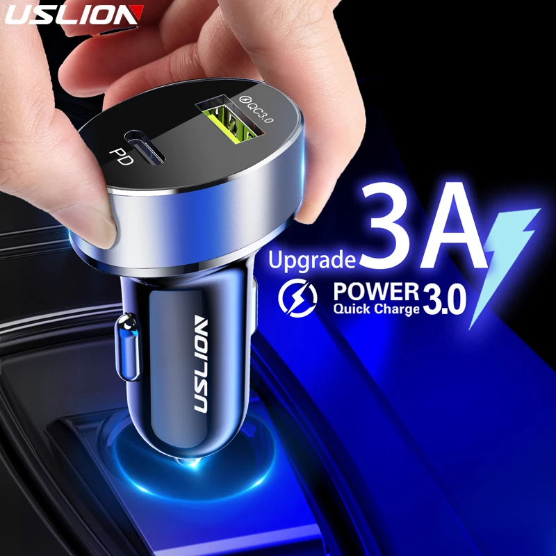 USLION 36W Quick Charge 3.0 USB Автомобильное зарядное устройство для iPhone 13 Pro 13Pro Max Huawei PD3.0 Type C Быстрая зарядка Автомобильное зарядное устройство USB C для телефона