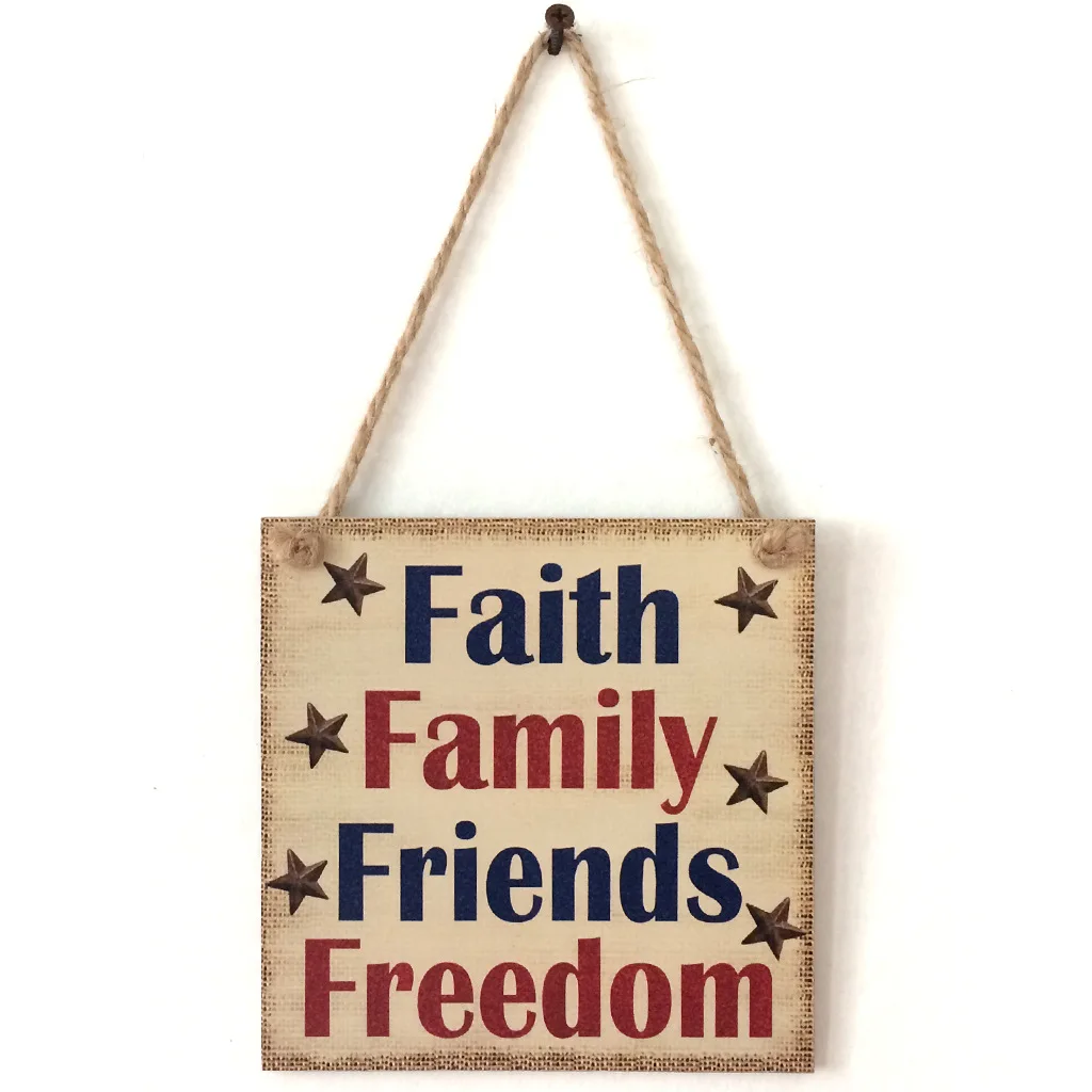 

4th of July Wood Sign Patriotic Hanging Sign Independence Day Wooden Plaque Faith Family Freedom Wall Decor for Fourth of July