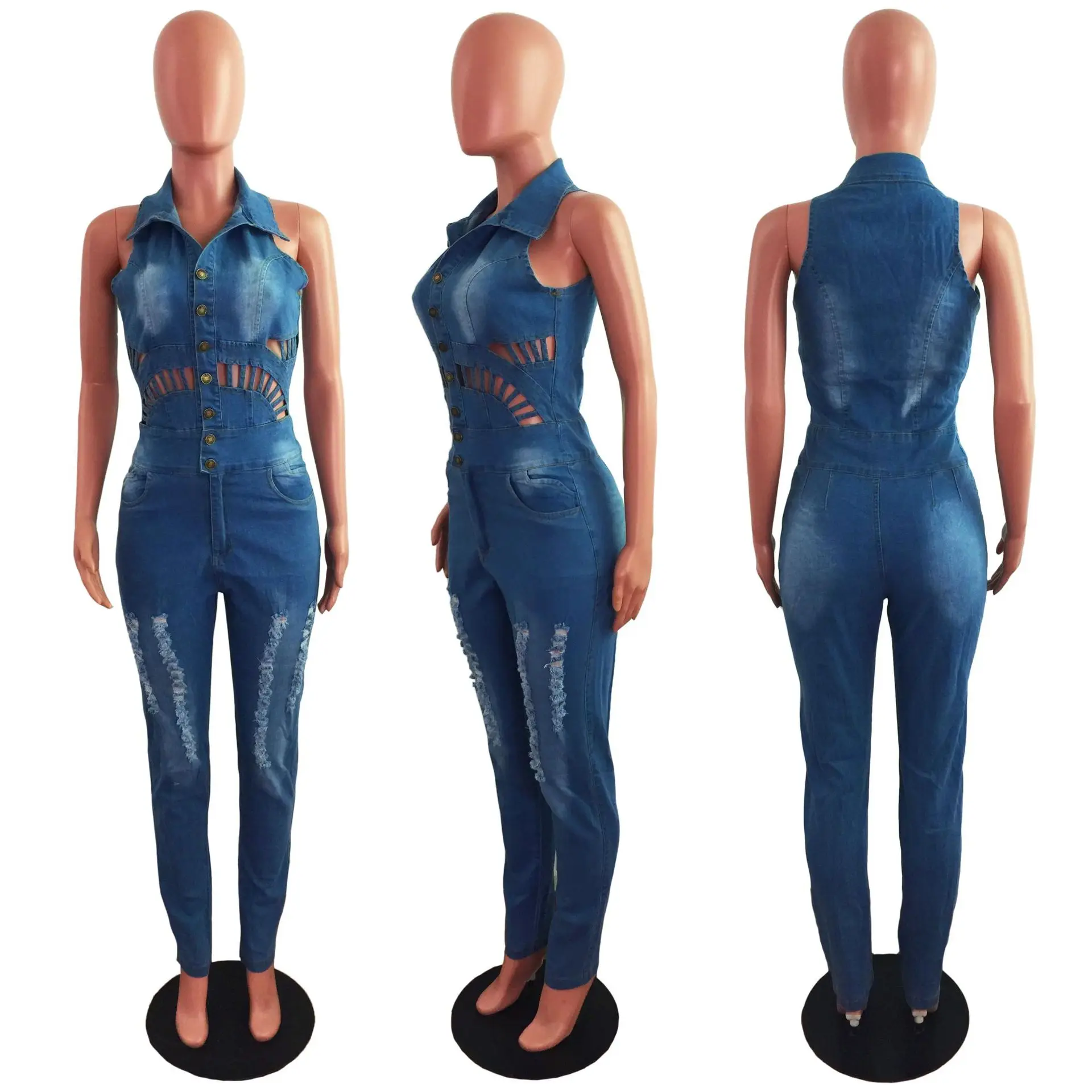 

WEPBEL Single-Breasted Slim Denim Jumpsuits Women's Solid Color Jumpsuits Sexy Hollow Out Ripped Turn-down Collar Jumpsuits