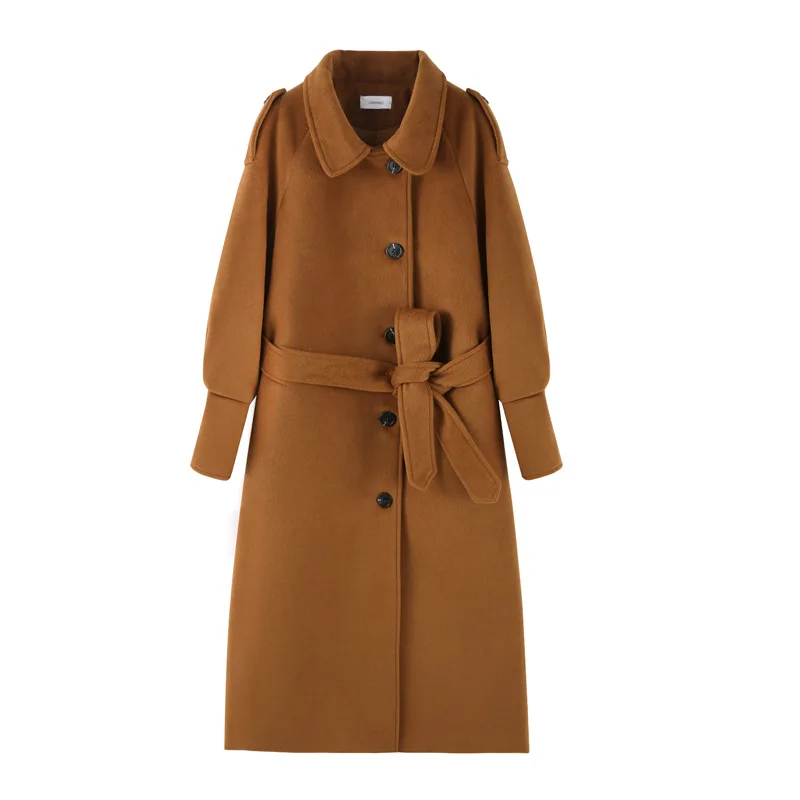 

Hot Sale Women's Autumn Winter Warm Jacket British Style Solid Color Thick Woolen Single-breasted Lace-up Long Coat