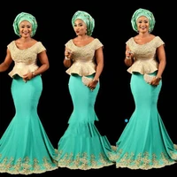 green with gold mermaid african peplum long gowns beaded pearls nigeria formal evening party dresses plus size 2017 v neck