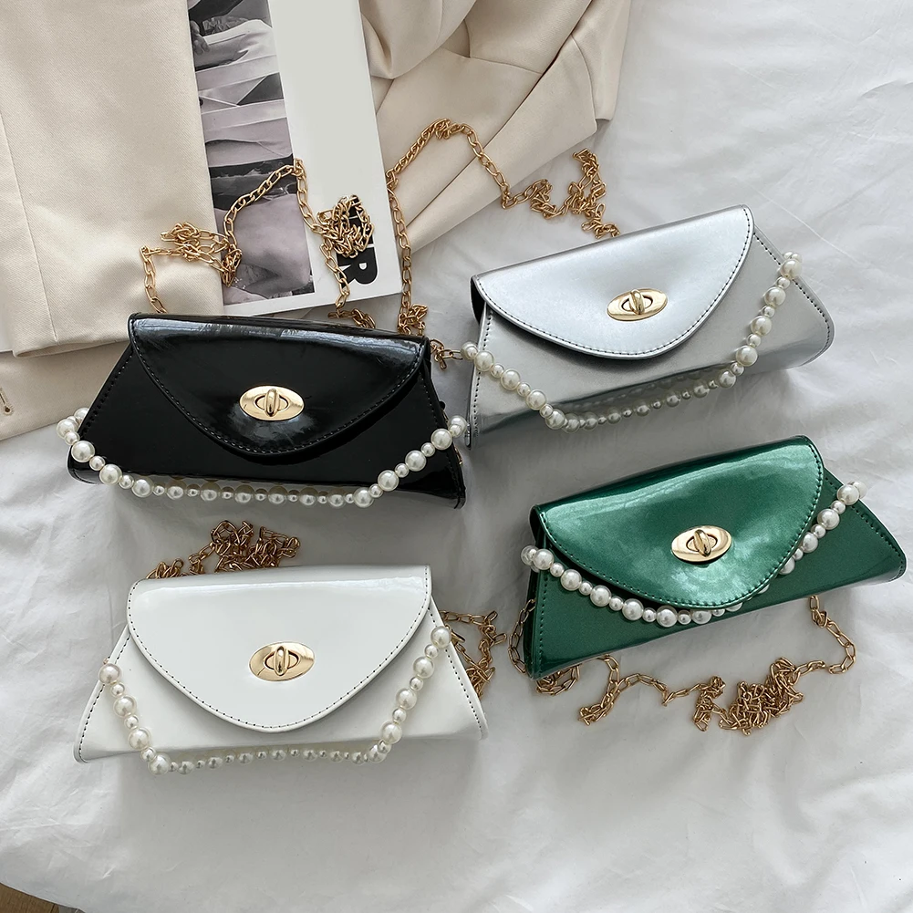 

Модные Женские однотонные сумки-мессенджеры через плечо из искусственной кожи с жемчужной цепочкой, повседневные Дамские Мини-сумочки, кош...