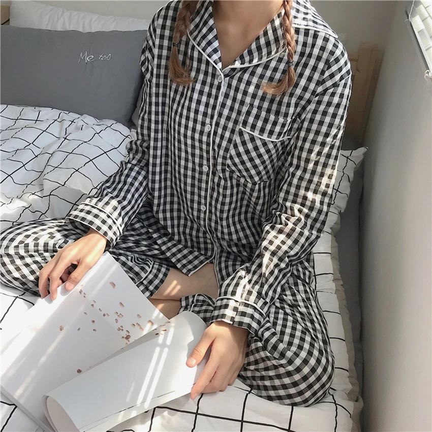 

Winter Long Sleeve Leisure Sleepwear for Women Korean Purple Grid Girls Pajamas Loose Nightwear Homewear Suit Pajamas Set Cute