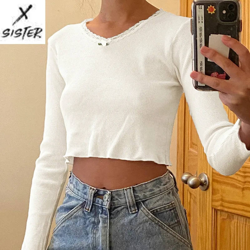 

Новинка Женская Однотонная футболка в европейском и американском стиле с кружевом и круглым вырезом с длинными рукавами Женский Повседнев...