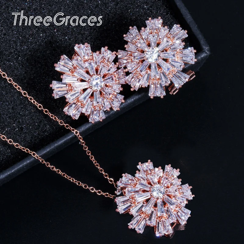 

ThreeGraces Elegant Rose Gold Color Cubic Zirconia Stone Big Snowflake Flower Necklace and Stud Earrings Jewellery Sets JS503