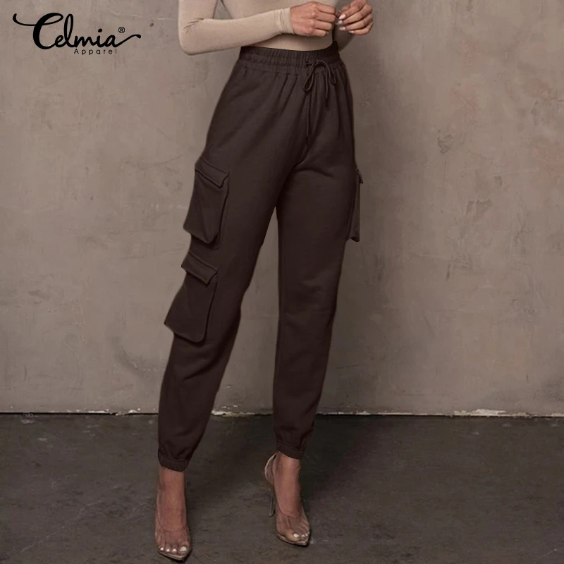 

Celmia Vintage Women Long Trousers Harem Pants High Elastic Pants Waist Pockets Solid Casual Loose Solid Party Pantalon Femme
