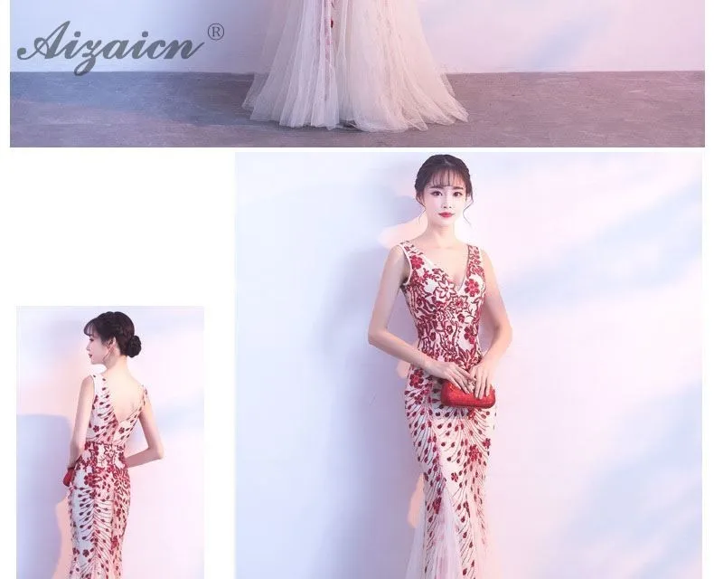 V-образным вырезом прозрачные вечерние платья в блестках Cheongsam Китай длинное вечернее платье Qi Pao женское китайское свадебное платье Qipao Русалка