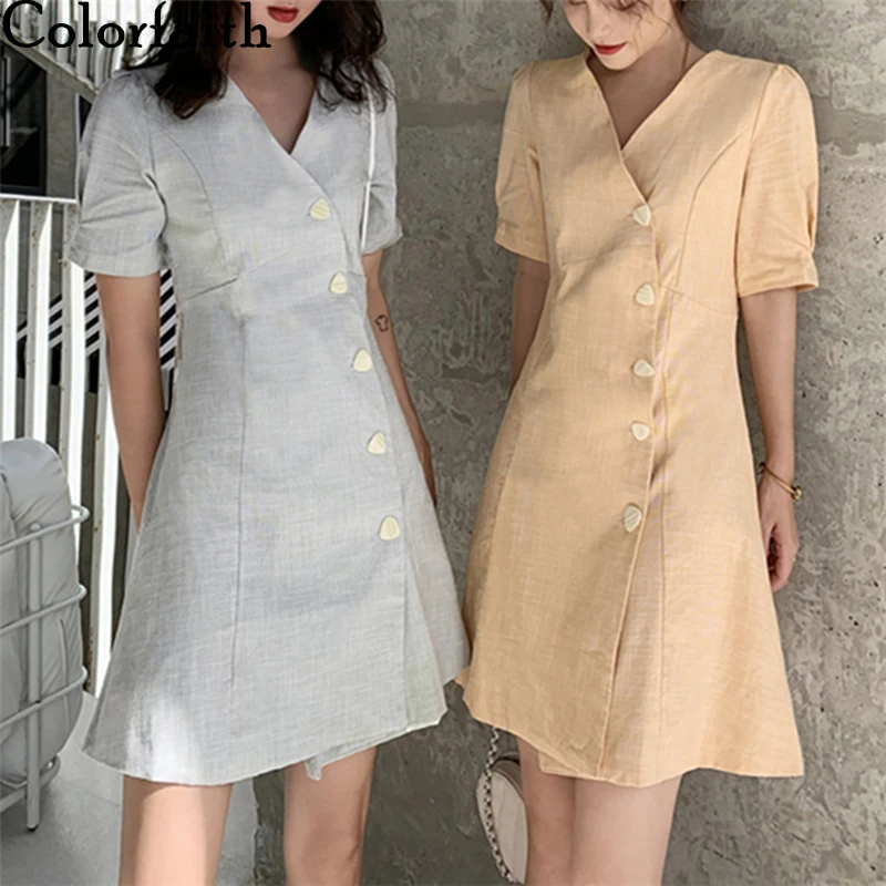 Платье-мини женское однобортное с V-образным вырезом и высокой талией | Женская