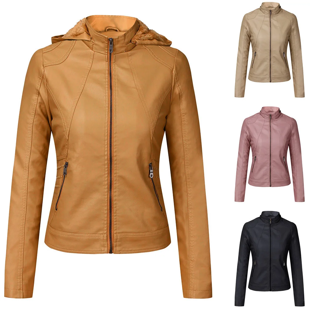 

M-XXL Fashion Hooded PU Leather Jacket Women Autumn Winter Fur Liner Warm Biker Jackets Female Slim Fit Short Faux Leather Coats