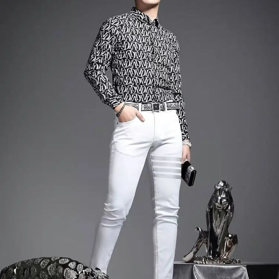 2021 trend light luxury slim men's long sleeve handsome top black spring digital printed casual shirt