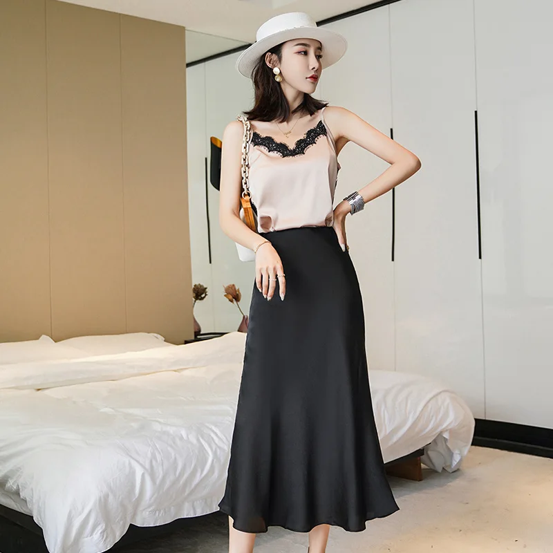 

NEW Korean Silk Skirts Womens Satin Skirt Plus Size Woman Midi Long Silk Skirt Woman Solid High Waist Skirts Faldas NEW Moda
