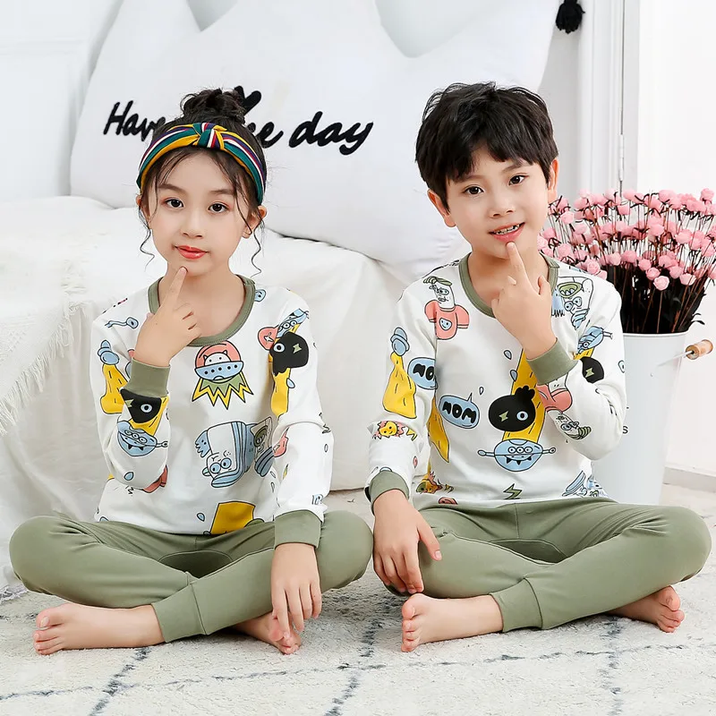 Пижама с длинным рукавом для мальчиков и девочек хлопковая одежда сна комплекты