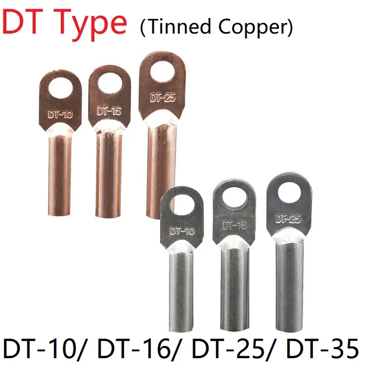 

DT-10 DT-16 DT-25 DT-35 Wire Terminal Copper Crimp Splice Silver Tin Plated Block Bare Bolt Hole Nose Tube LUG Cable Connector
