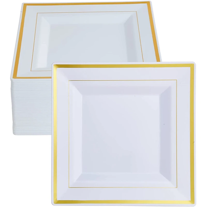 

Новые пластиковые десертные тарелки-квадратные пластиковые тарелки с элегантным золотым ободом, одноразовые тарелки для свадьбы Вечерние