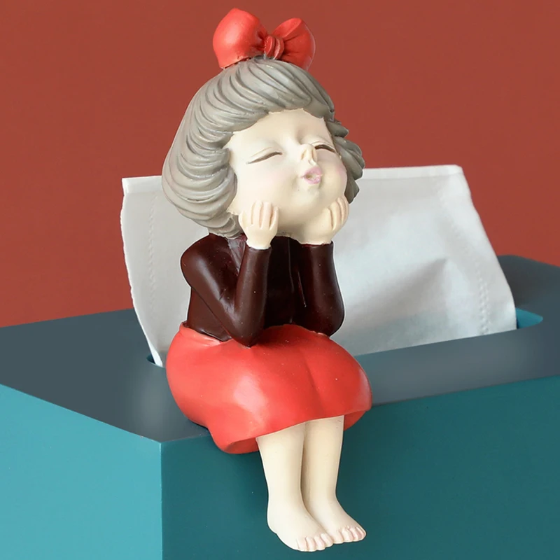 

Cutey Sweet Girl Tissue Box with Storage Organizer for Home Decor Culpture Modern Art Room Decor Paper Dipenser Tissue Boxen