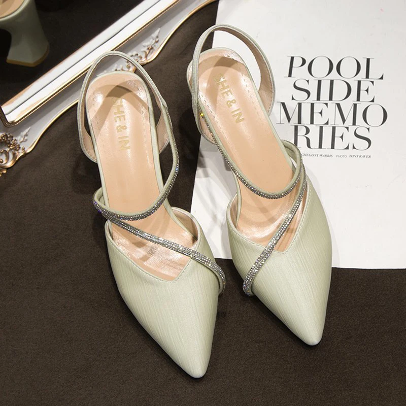 

Bling Crystal Women High heels Sexy Gladiator Woman Shoes square heel Wedding Slingback Shoes Pointed Toe shoes