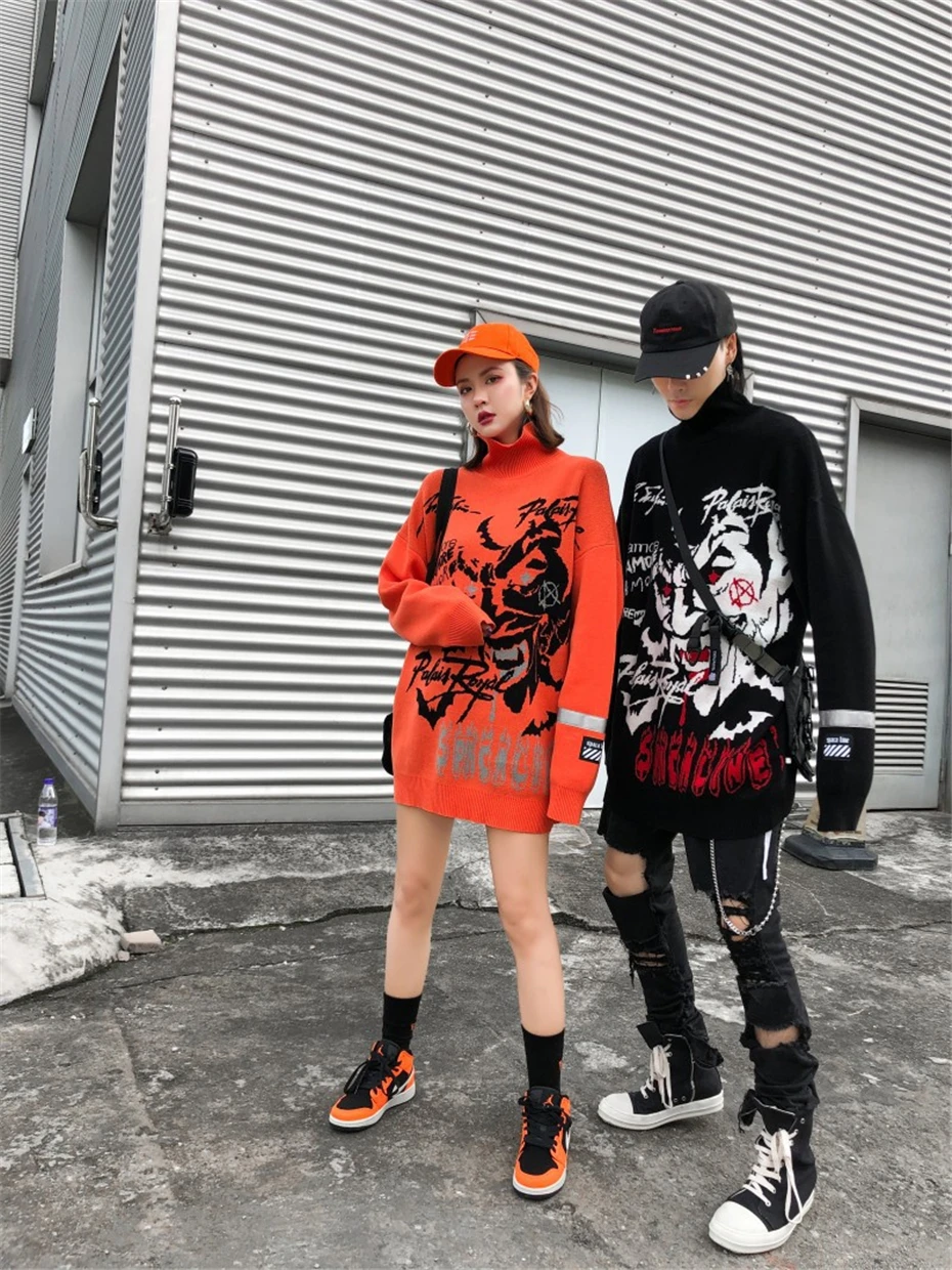 Harajuku вязаные свитера с высоким воротом для мужчин и женщин хип хоп клоун печати свободный пуловер свитер уличная Мужская зима WG608