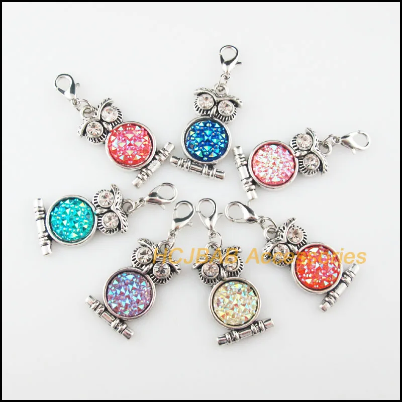 

7 новых смешанных подвесок в виде совы, подвески в виде животных из смолы с застежкой-крабом, тибетское посеребренное покрытие, 16,5x28,5 мм