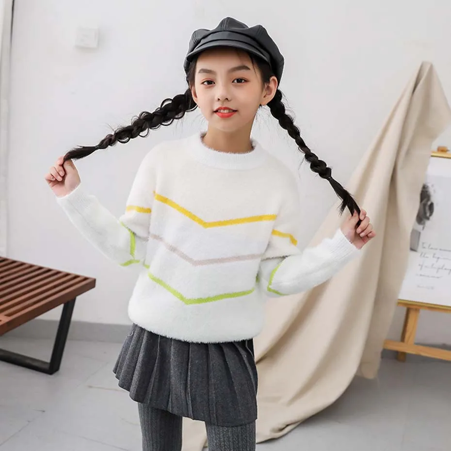 Свитер для девочек детский вязаный свитер в полоску джемпер с длинными рукавами