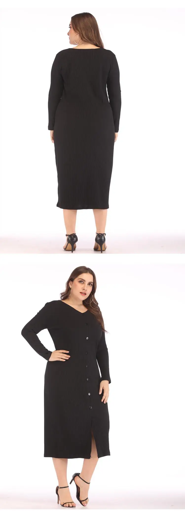 XL-4XL плюс размер осеннее длинное трикотажное платье зимнее женское Сплит с длинным рукавом Повседневное платье большого размера пуговицы спереди трикотажные платья