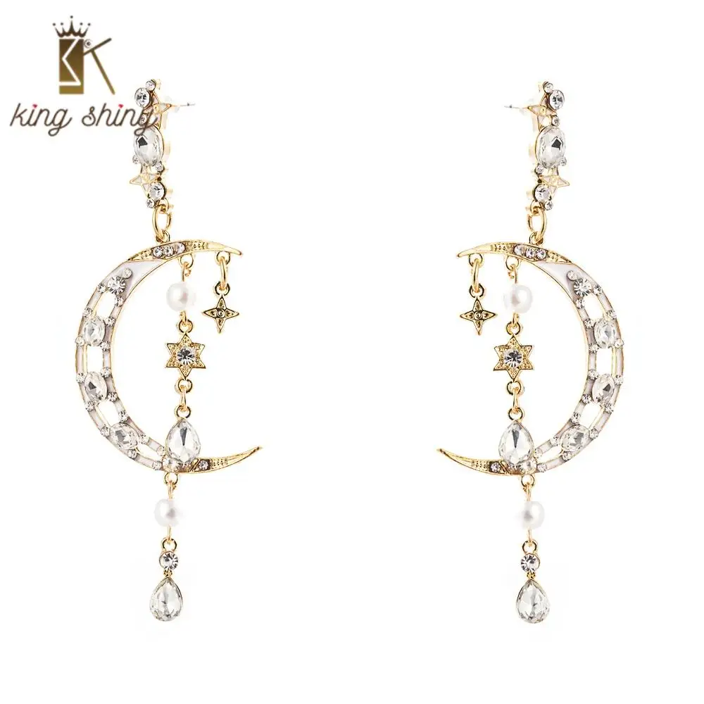 

Za Brand Boho Moon and Stae Statement Dangle Earring for Woman Luxury Simulated Pearl Vintage Party Wedding Crystal Drop Earring