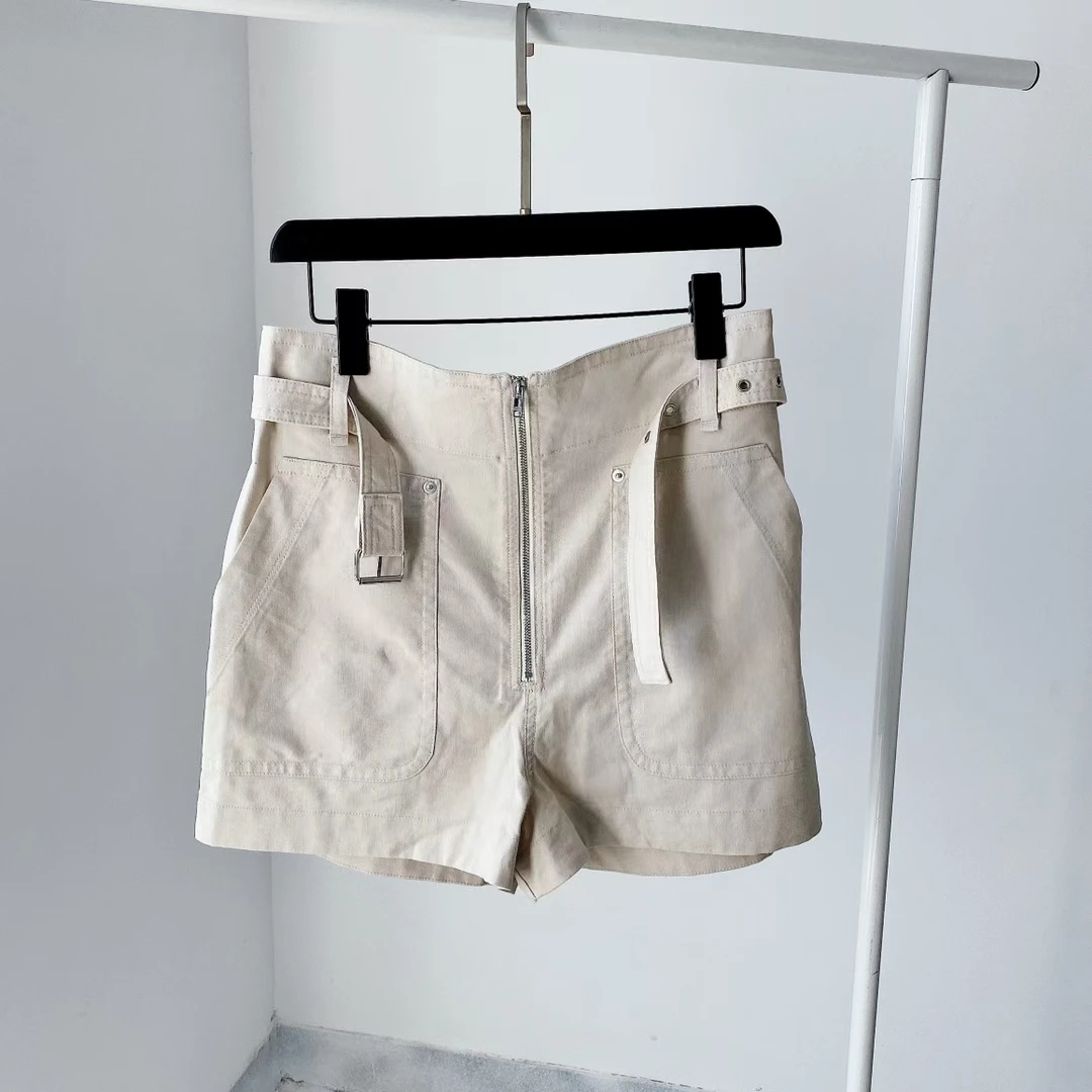 

2021 Summer New Women High Waist Shorts Lady High Waist Zipper Short Pants with Pockets Sashes