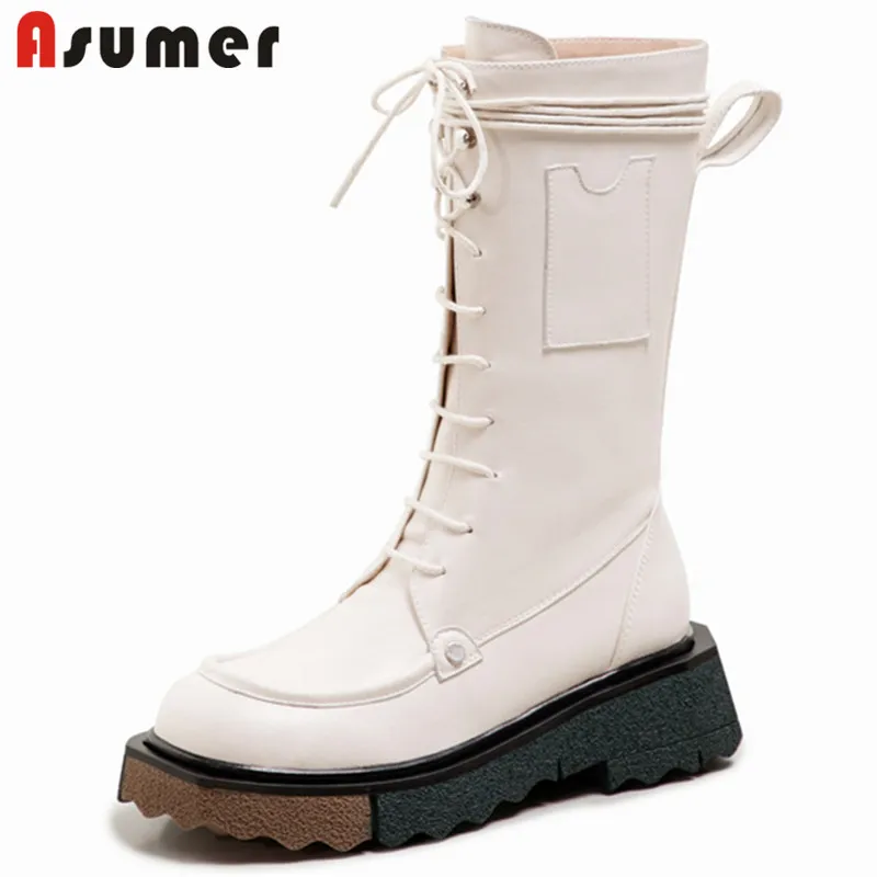 

Asumer 2021 New Arrive Genuine Leather Shoes Women Mid Calf Boots Autumn Winter Casual Shoes Flat Platform Boots Women Black
