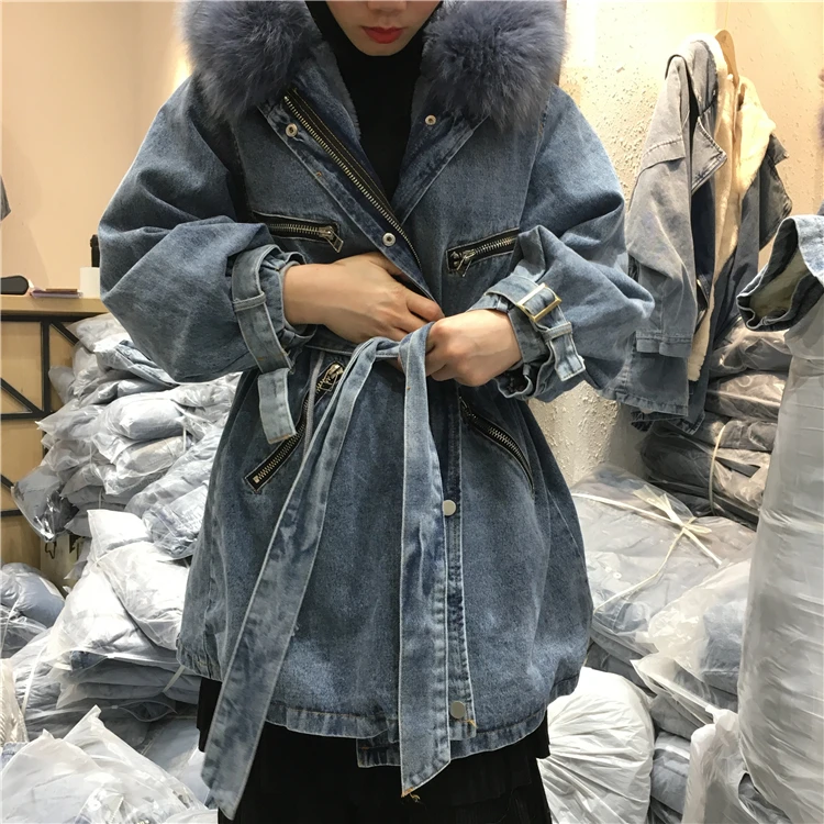 Женская джинсовая куртка с воротником из натурального Лисьего меха съемная