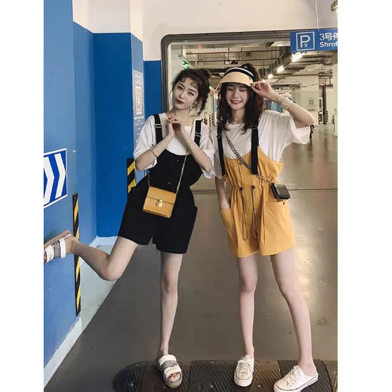 

Elastic Waist Casual Loose Sleeveless Jumpsuit Solid Pocket Korean Suspenders Bib Short Pants Wide Leg Women Rompers Two Set