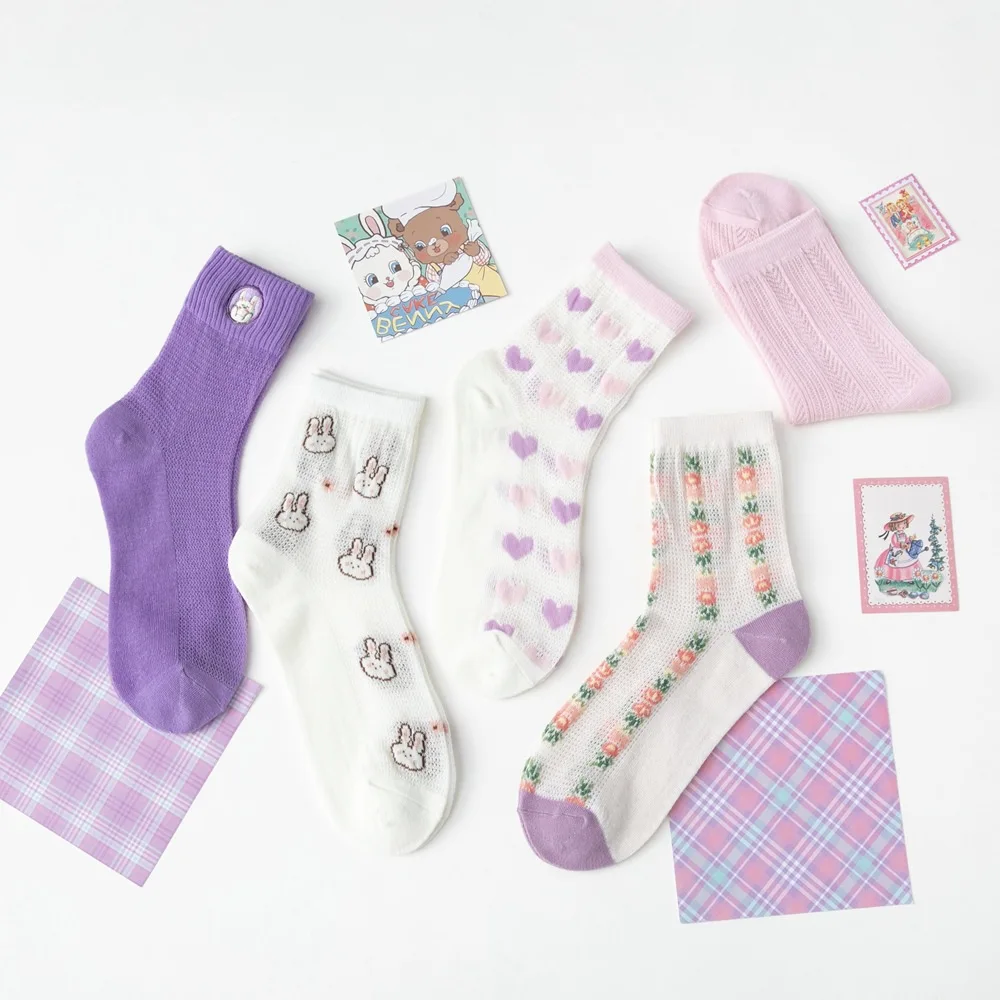 Women Long Socks 5-pairs Set Summer Breathable Thin Cartoon Printed Mesh Girls Socks Japanese Korean Style College Style