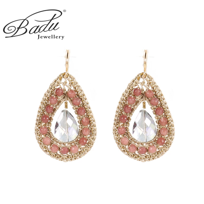 

Тканые серьги Badu, из кристаллического материала, коричневые серьги с красным цирконом, серьги ручной работы в форме капель, Классические же...