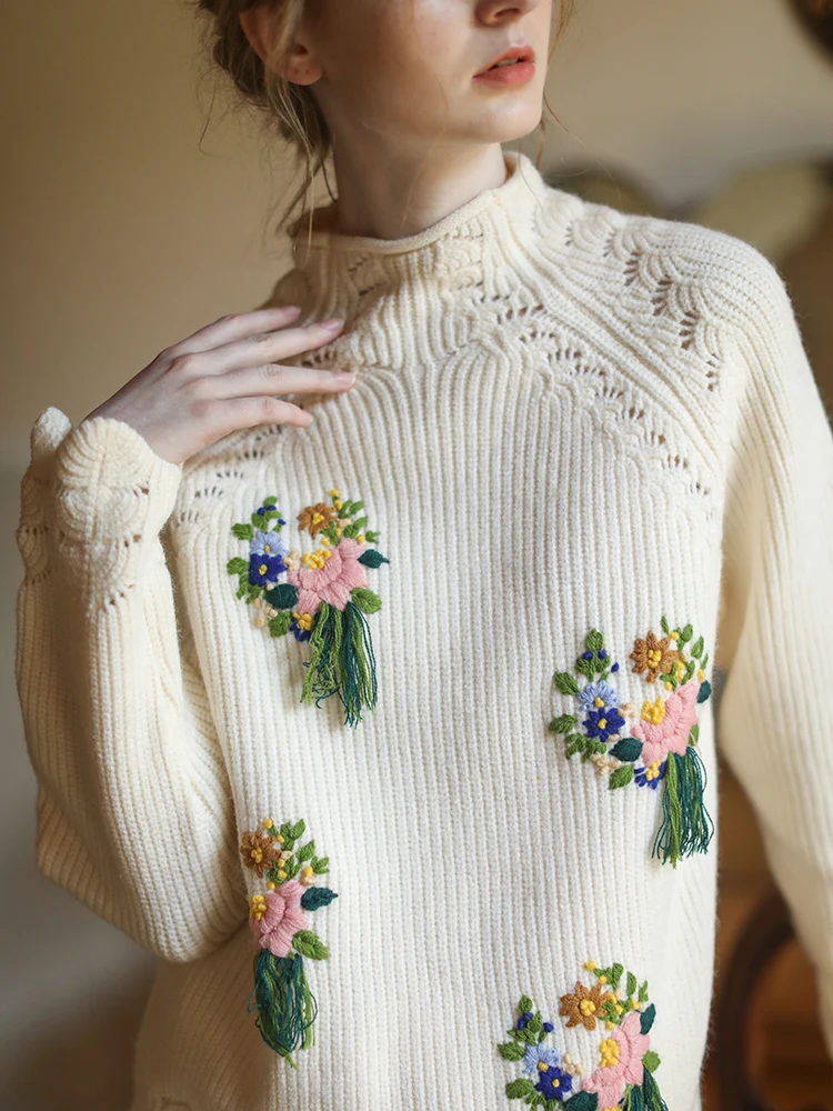 

Женский винтажный шерстяной свитер, элегантный свитер ручной работы с вышивкой и кисточками в стиле девушки из леса на осень и зиму, Прямая ...