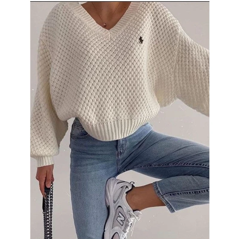 Пуловер женский трикотажный с V-образным вырезом и длинным рукавом Осень-зима 2021 |