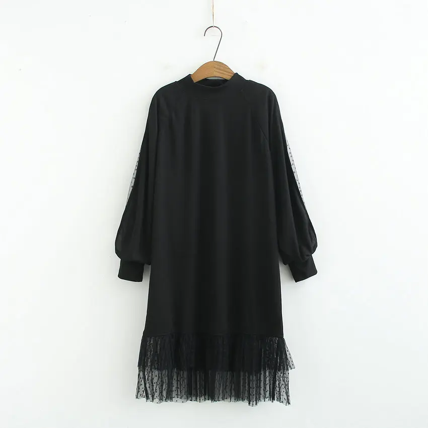 

Woman Casual Sweat Dress Gray Black Gray Lace Hem Patchwork Design One Piece Dresses Women Plus Size Loose Vestidos Spring 2020