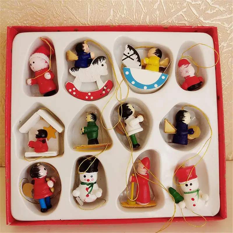 

12pcs Christmas Wooden Pendant Set Cartoon Snowman Doll Ornaments Xmas Tree Hanging Decorations New Year 2022 Home Decor Navidad