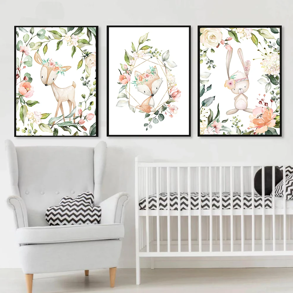 

Nordic Forest Animal Posters and Prints Rabbit Deer Fox Nursery Wall Art Canvas Painting Wall Picture Baby Girl Room Decor