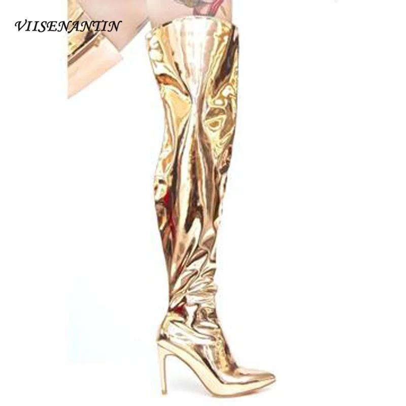 

Сапоги выше колена на высоком каблуке, серебристые зеркальные туфли из лакированной кожи с острым носком на высоком каблуке, сапоги для ноч...