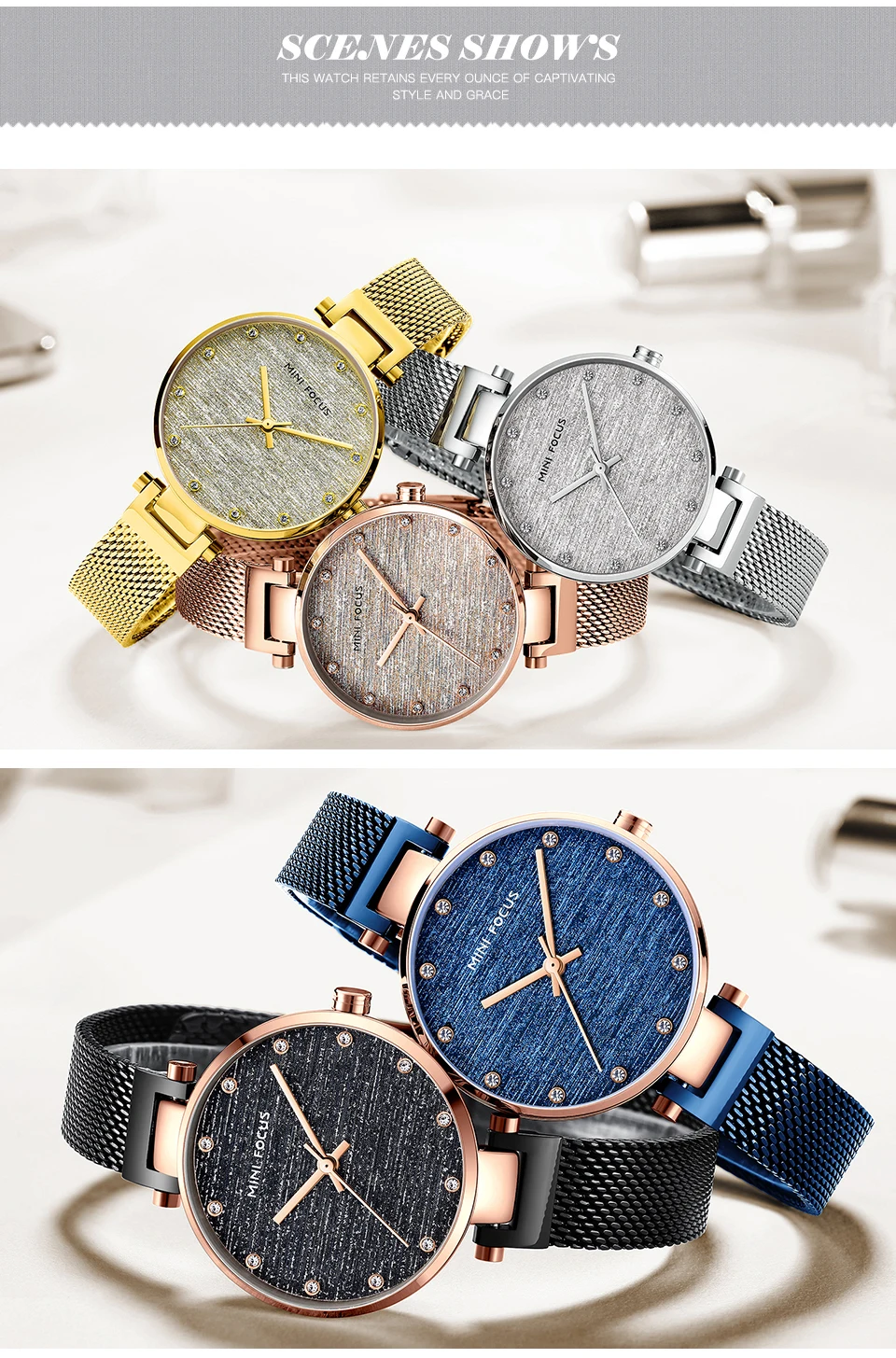 MINIFOCUS женские кварцевые часы топ класса люкс розовое золото со стальным сетчатым