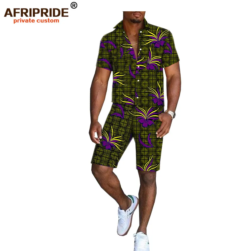 Африканский принт, летние шорты, набор для мужчин, AFRIPRIDE, короткий рукав, однобортный Топ+ шорты до колен, повседневный комплект A1816006 - Цвет: 548
