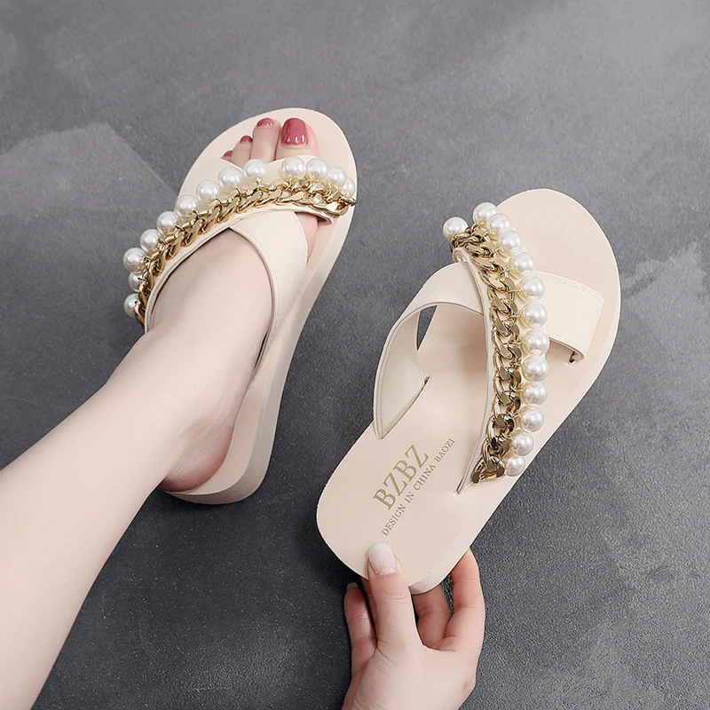 

Beach Shoes Ladies' Slippers Platform On A Wedge Women Heels Pantofle Luxury Slides Sabot Soft High 2021 Flat Designer Fashion C