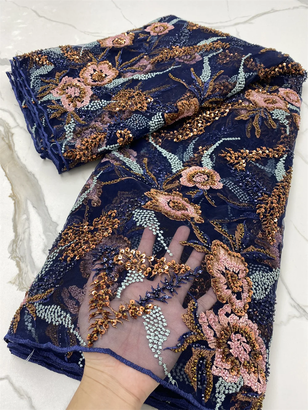 

Африканская кружевная ткань 2021, вышитая Высококачественная свадебная нигерийская Тюлевая кружевная ткань с бусинами для свадебного плать...