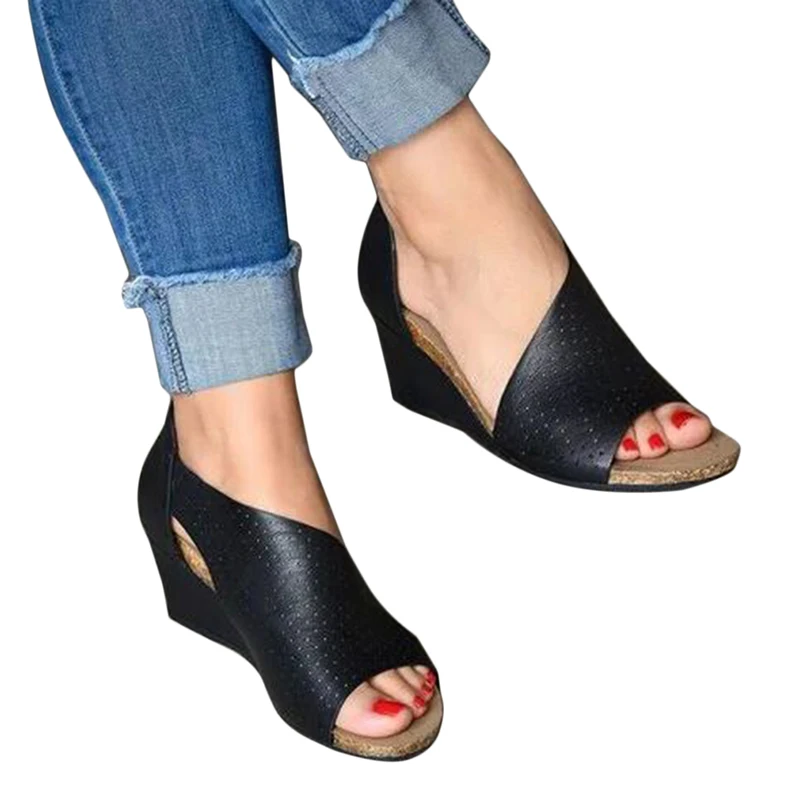 

2021 Summer Platform Women Shoes Wedge Hollow Out Muffin Thick Bottom High Heels Back Zipper Fish Mouth Ladies Sandals