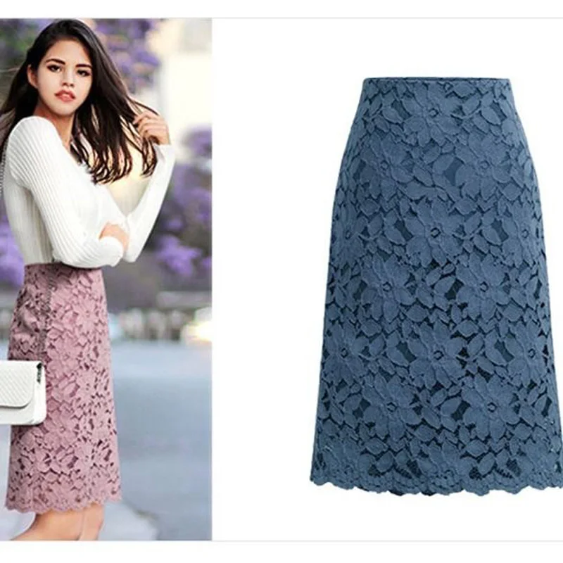 

MAZEROUT Women Office Lace Chic Skirt Summer Elegant A-line Pencil Skirts Ladies High Waist Elegant Long Skirts Plus Size S-8XL