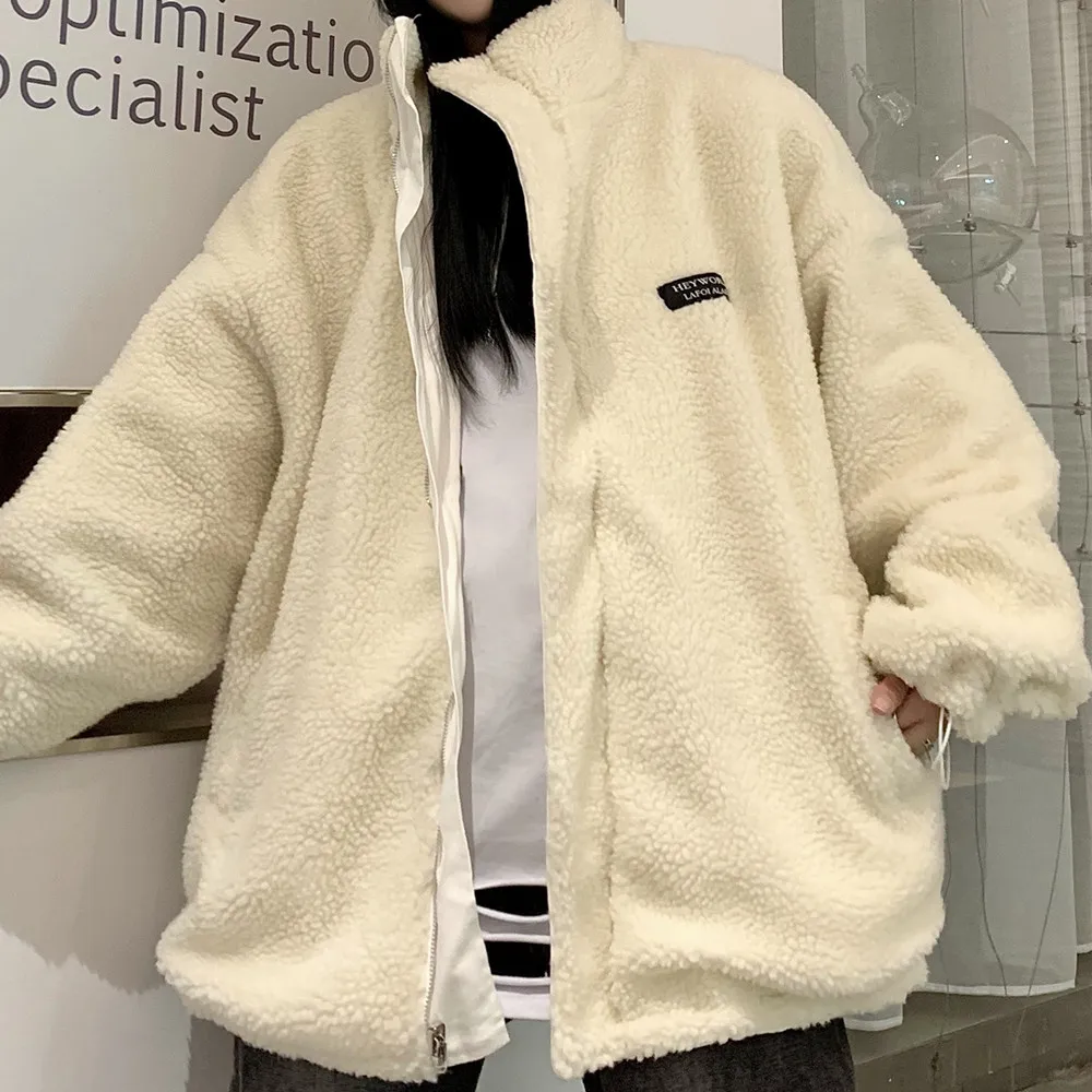 

2020 new winter ins both sides lambs wool coat loose bf wind upset cotton-padded clothes cotton-padded jacket female
