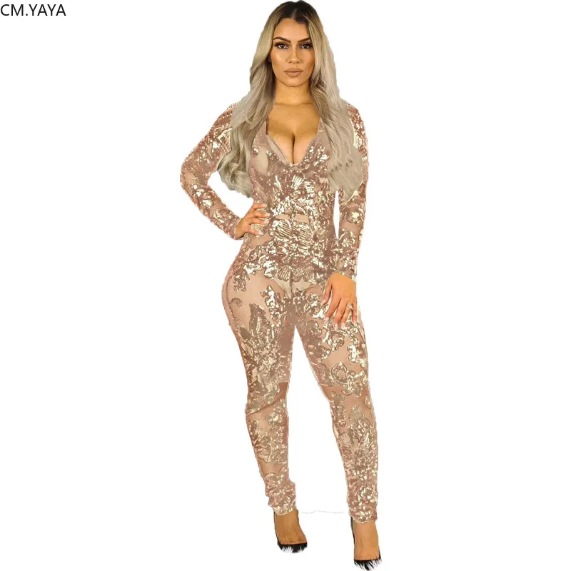 Женский Облегающий комбинезон с v-образным вырезом сетчатые вечерние