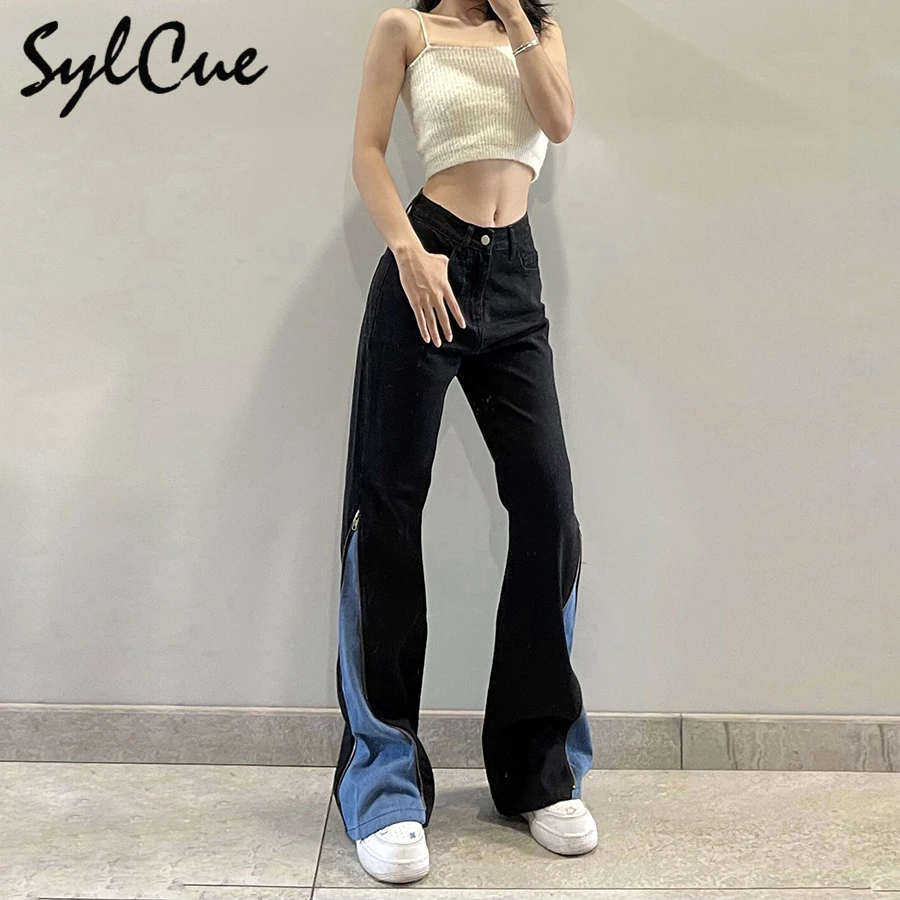 

Sylcue Stitching Contrast Color Slim Low Waist Versatile Commuter Wear-Resistant Classic Women's Flared Pants Trousers Jeans