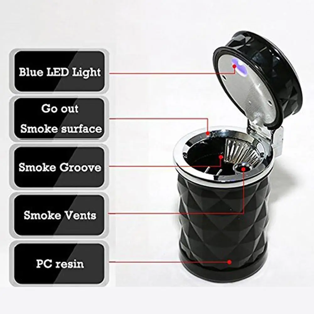 

Car Ashtray Portable LED Light Universal Cigarette Cylinder Holder Water Cube Diamond Section Car Interior Accessories